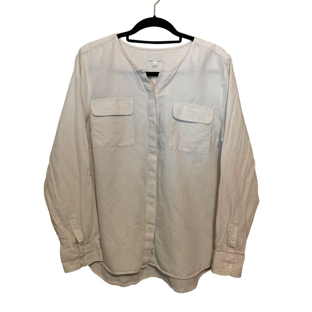 Talbots Women's White‎ Linen Blend Button-Up Shirt Roll-Tab Sleeves Sz M Coastal